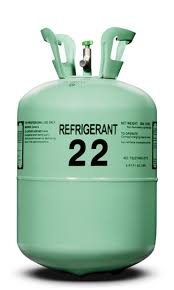 Refrigerant R-22 gas cylinder, highlighting the transition from R-22 to environmentally friendly R-410A in HVAC systems.
