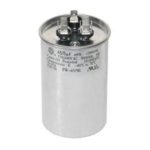Cylindrical capacitor with metallic casing and terminal connectors for HVAC energy efficiency.