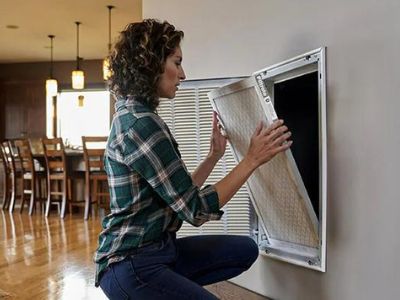 Woman replacing air filter in HVAC system to improve indoor air quality and reduce airborne pollutants like dust and allergens.