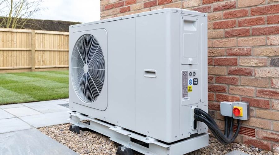 Heat pump unit installed outside a home, showcasing energy-efficient HVAC technology for improved home cooling and heating solutions.
