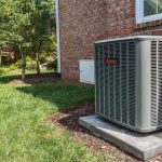 Modern air conditioning unit near brick house, surrounded by grass and landscaping, by Easco HVAC services in Conroe, Texas.