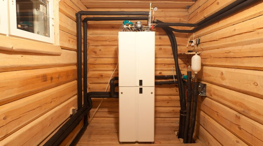 Geothermal heat pump installation in a wooden room, featuring pipes and equipment for energy-efficient heating and cooling.