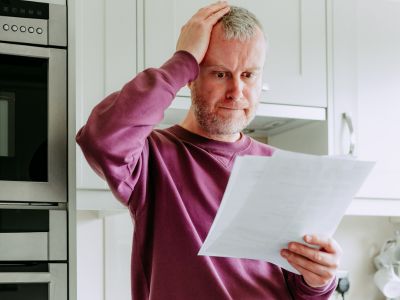 Man looking concerned while holding a document, possibly a high energy bill, in a kitchen setting, reflecting issues related to air conditioning inefficiency.
